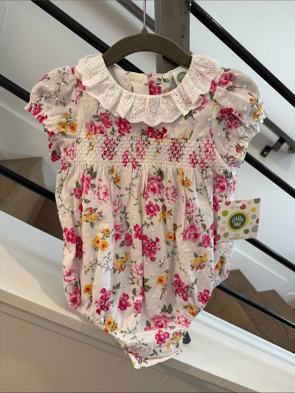 Little Me White Floral Smocked Baby Bubble Romper with Lace Collar